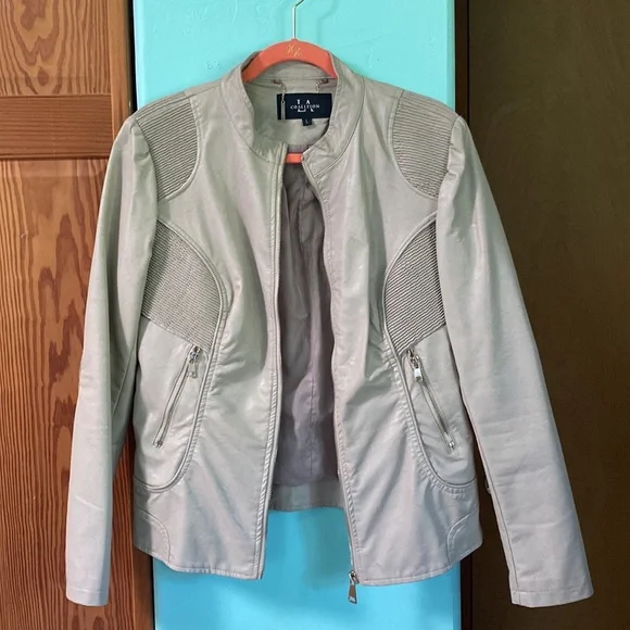 LA Coalition Beige Faux Leather Motorcycle Jacket - Picture 5 of 5